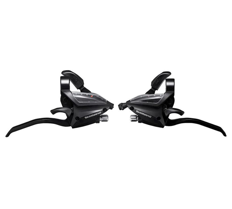 Studio image of a set of black Shimano shifters with integrated brake levers