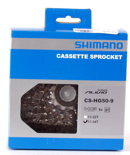 Shimano Alivio HG400 9 Speed 11-34t Cassette box front view, blue