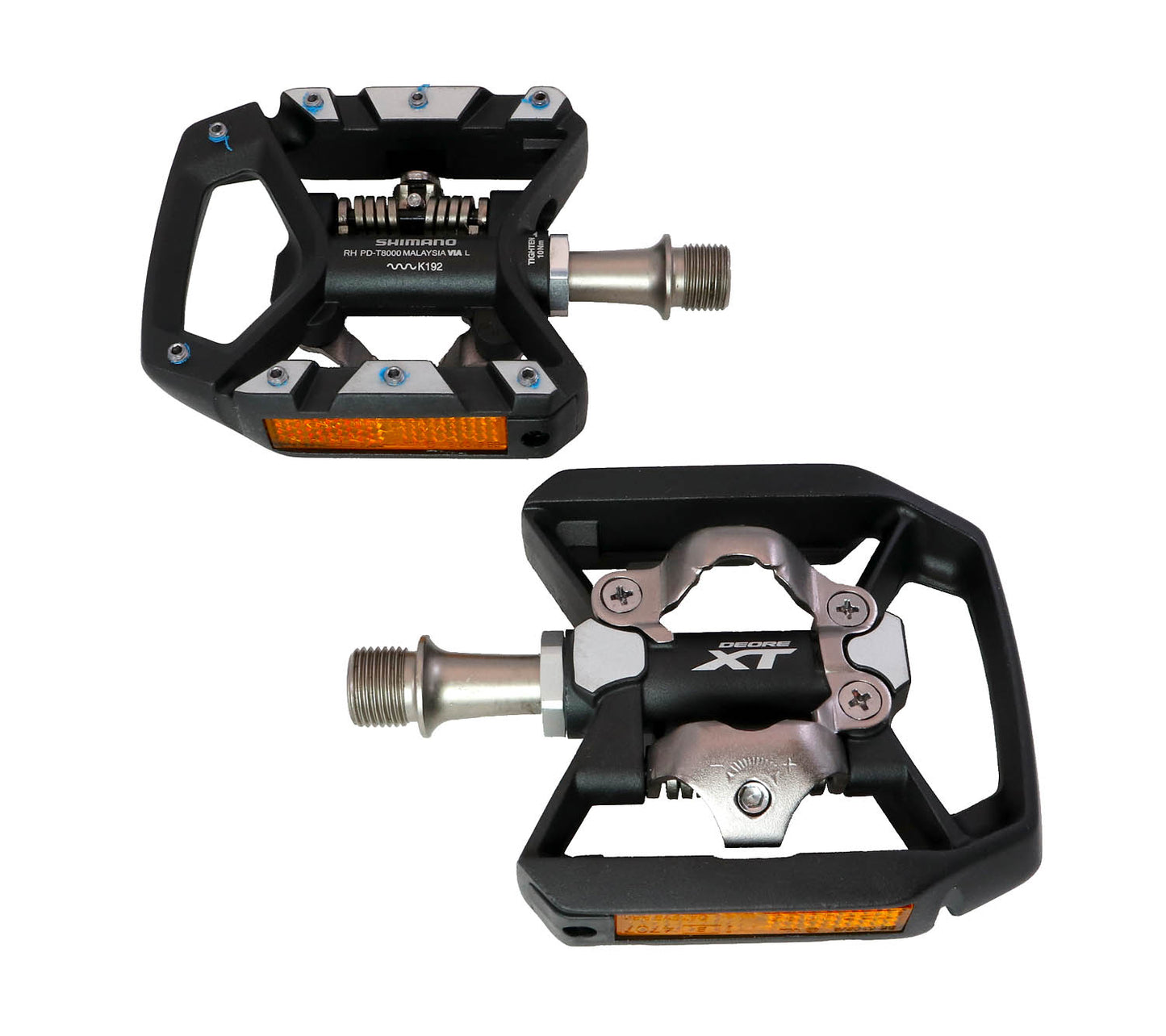 Shimano Deore XT PD-T8000 Platform/Clipless Pedals on a white background showing the left and right pedal