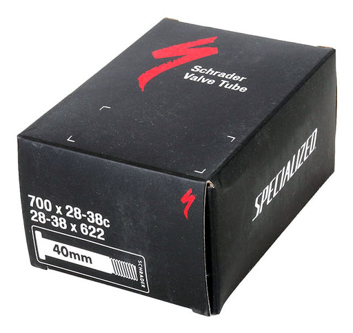 Black box with red S Specialized logo on top 700 x 28-38c measurement on side and 40mm valve 