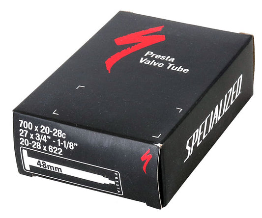 Packaging box for a Specialized Presta Valve Tube for 700c bike tires with a 48mm valve stem.