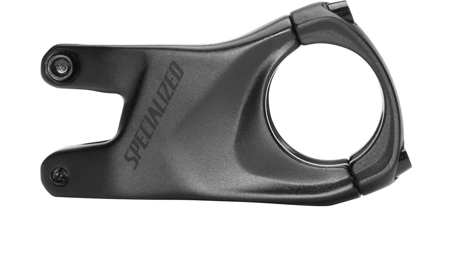A black specialized trail stem for a mountain bike, showing the side profile of the stem with the brand name visible.