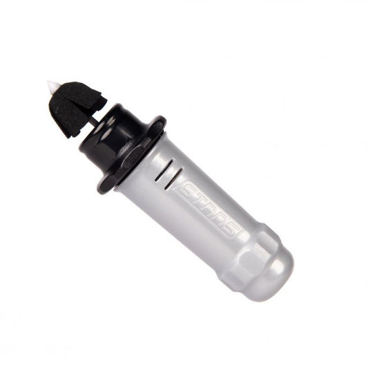 A silver and black Stan's No Tubes Dart Tool for bicycle tire repair, with a cylindrical body and a plastic tip.