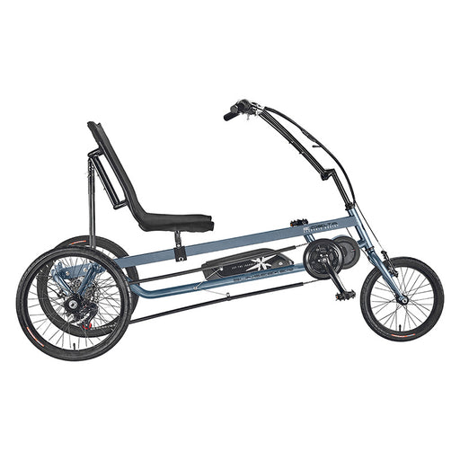 Studio image side view of a Sun Seeker e-delta recumbent trike with a blue frame, black seat and handlebars, one 16 inch front wheel and two 20 inch back wheels. Battery is mounted on lower bar of frame between the seat and the cranks.