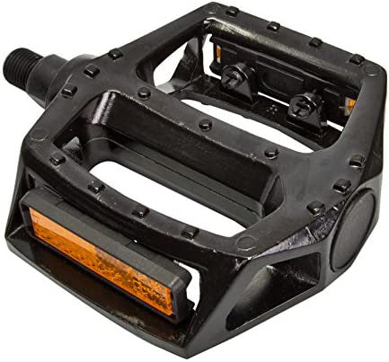 Top view of a black Sunlite XM Alloy pedal with orange removable reflector on front and back.