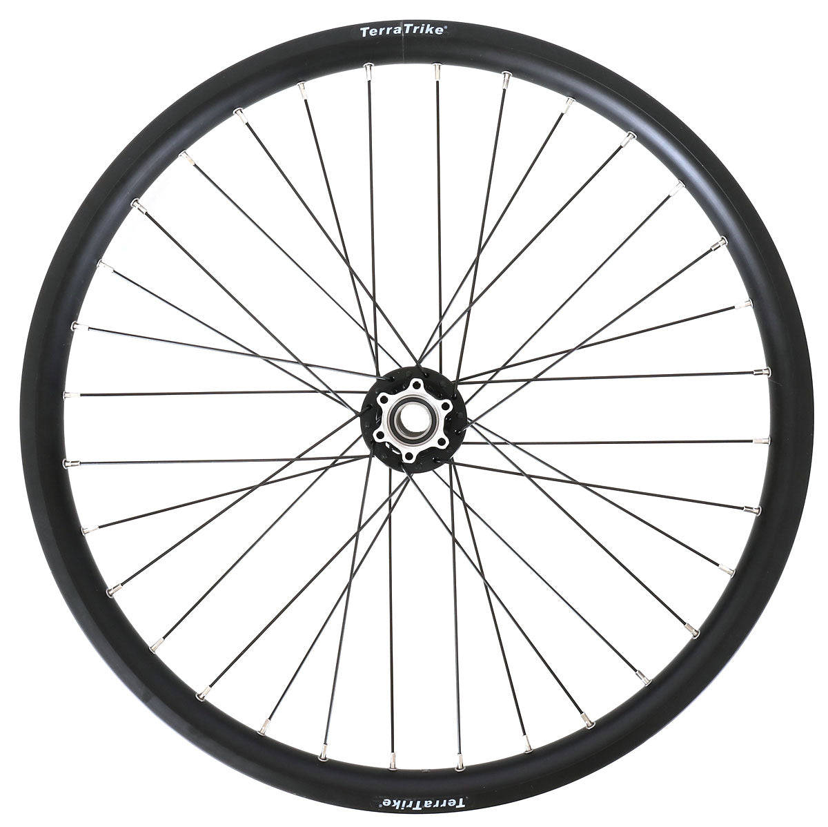 A black 24-inch double-wall front wheel for TerraTrike Rambler 24 with a throught-axle hub and disc brake compatible design.