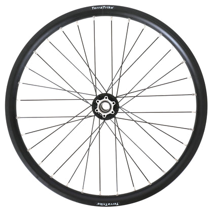 A black 24-inch double-wall front wheel for TerraTrike Rambler 24 with a throught-axle hub and disc brake compatible design.