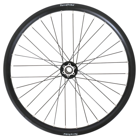 A black 24-inch double-wall front wheel for TerraTrike Rambler 24 with a throught-axle hub and disc brake compatible design.