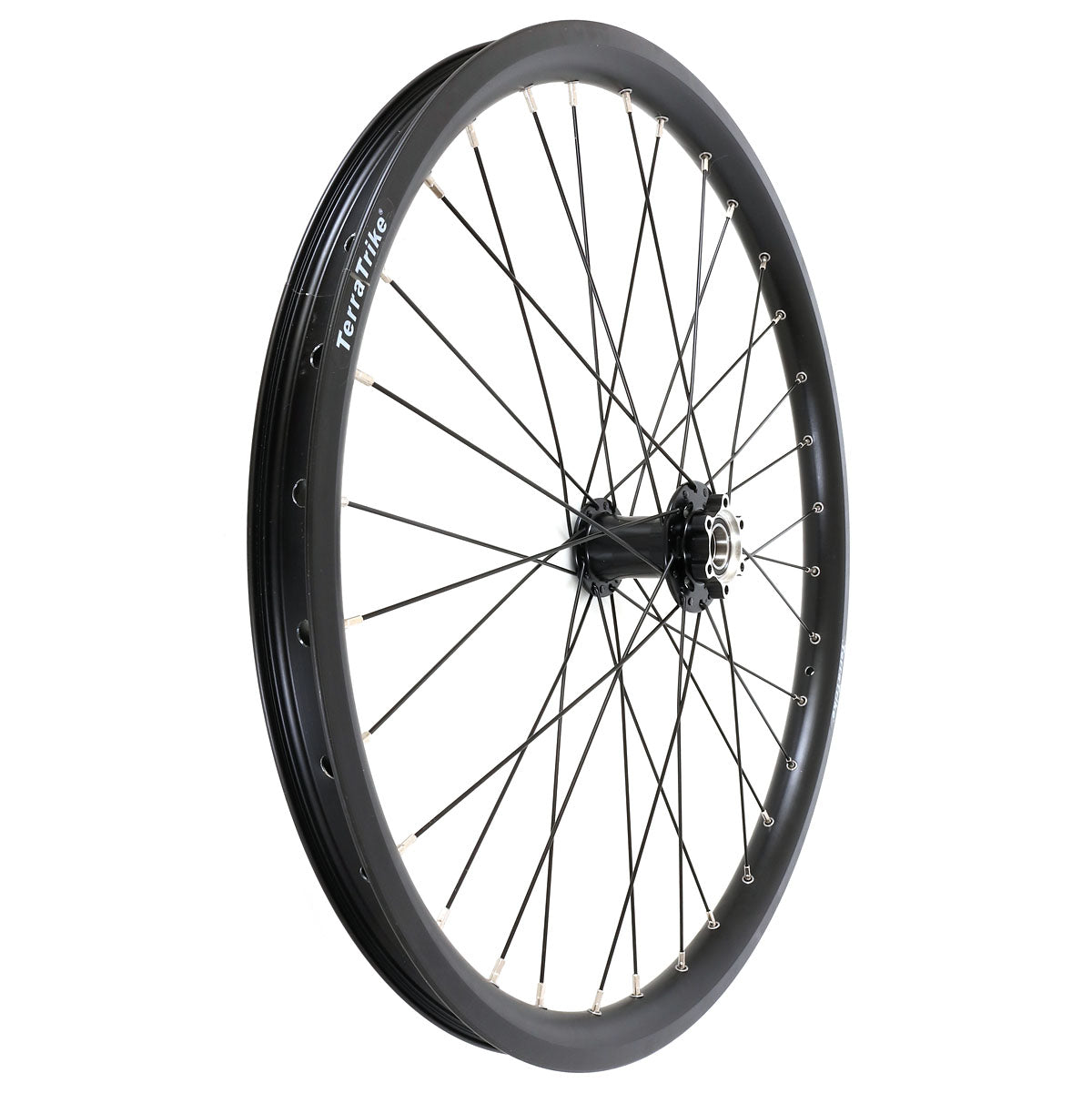 TerraTrike 24 Inch Double Wall Black Front Wheel studio image side view