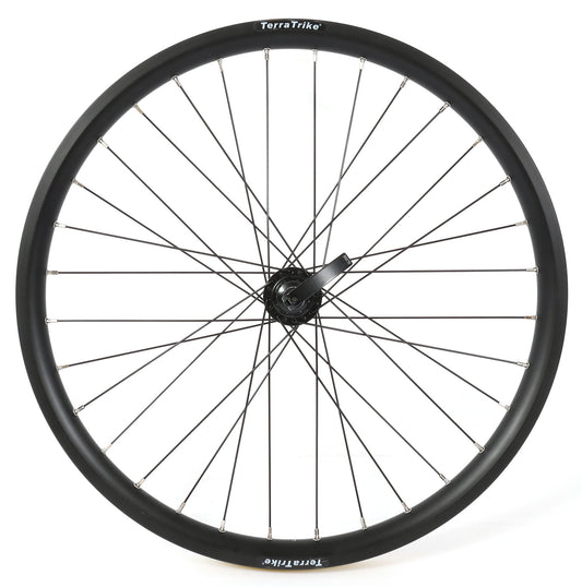 Black TerraTrike 24-inch double wall rear wheel with spokes and hub visible.