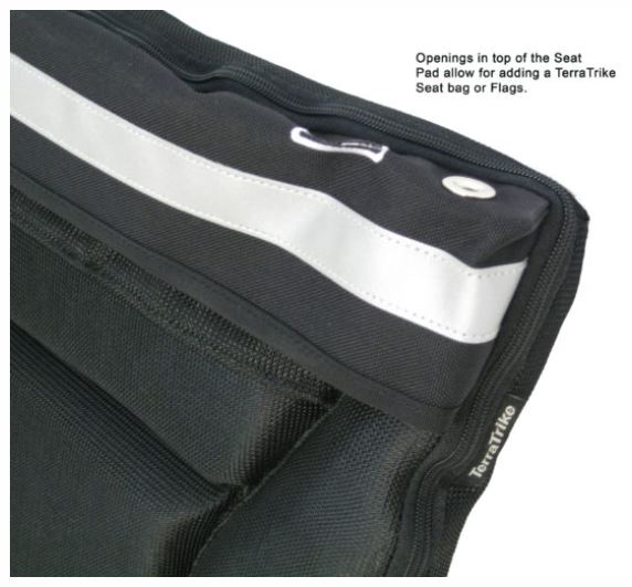 TerraTrike Seat Pad Wide Cushion showing the opening on the top of the seat for bags or flags.