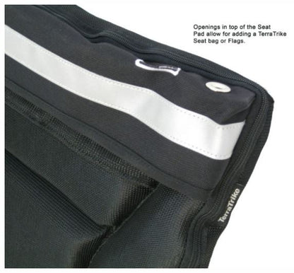 TerraTrike Seat Pad Wide Cushion showing the opening on the top of the seat for bags or flags.