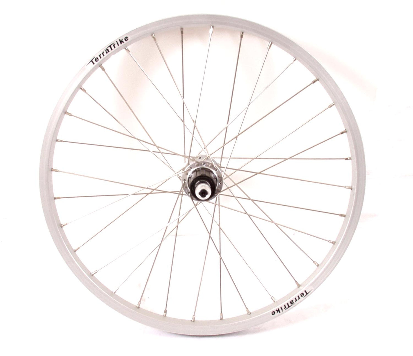 A silver 20 inch rear wheel for a TerraTrike, showing the wheel and hub but not the tire.