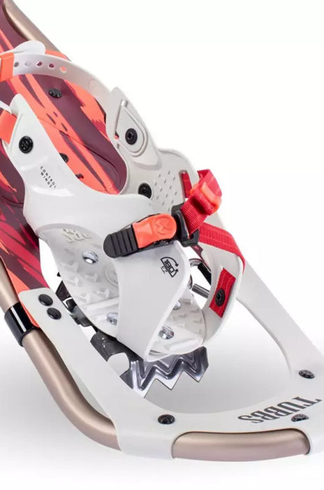 Studio image of top front view of Tubbs Frontier Snowshoe. Snowshoe frame is silver, top half of snowshoe is white with gray Tubbs lettering, binding is white with red nylon webbing, and back half of top is varying shades of red and coral.