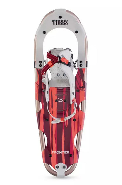 A pair of Tubbs Frontier snowshoes in a red, orange, and white color scheme, featuring an aluminum frame and a single buckle binding system.