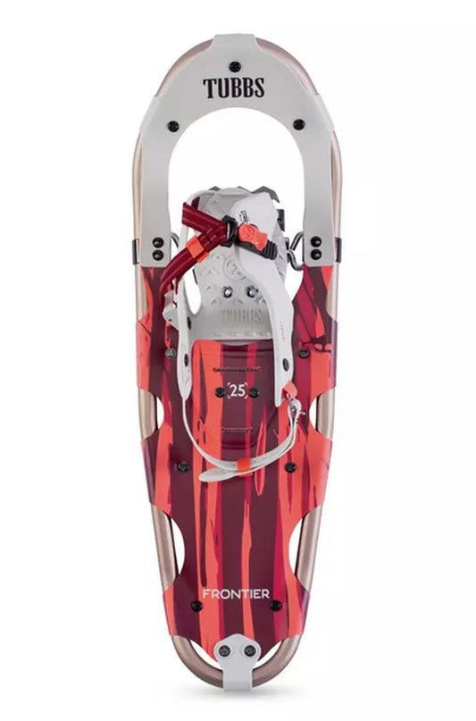A pair of Tubbs Frontier snowshoes in a red, orange, and white color scheme, featuring an aluminum frame and a single buckle binding system.