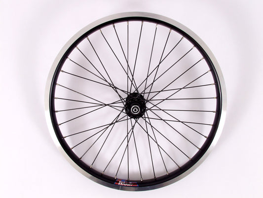 A black Velocity Cliffhanger 20-inch bicycle front wheel with silver nipples and a 36-spoke pattern.