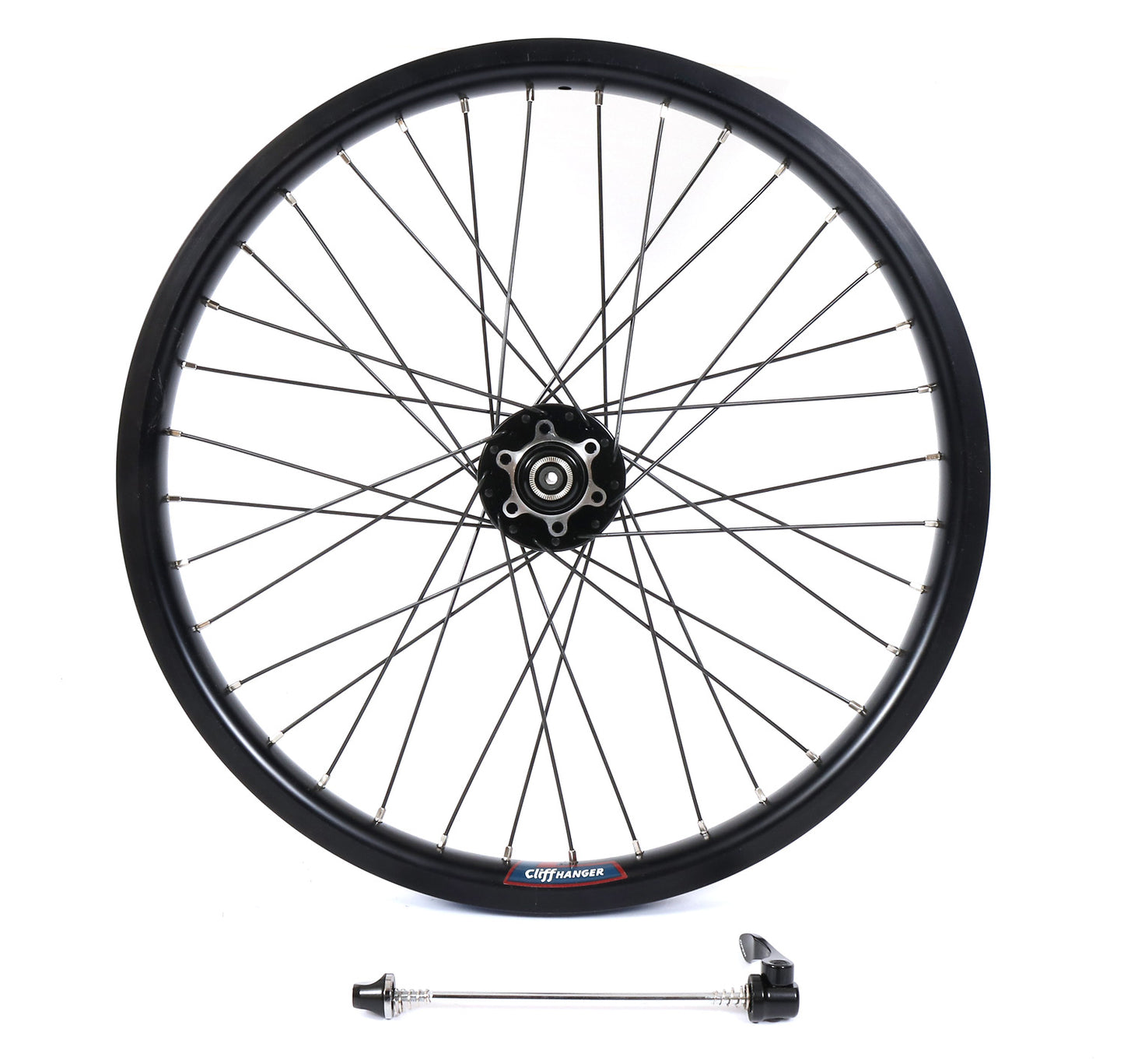 A black Velocity Cliffhanger 20-inch rear disc wheel with 36 spokes and silver nips, designed for mountain bikes.
