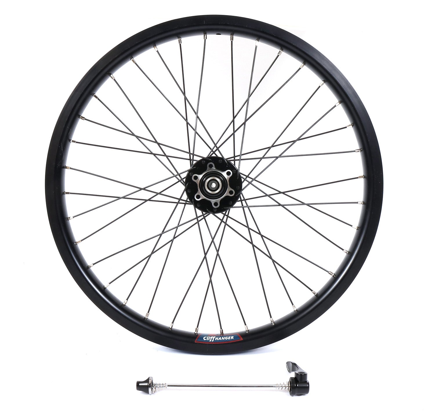 A black Velocity Cliffhanger 20-inch rear disc wheel with 36 spokes and silver nips, designed for mountain bikes.