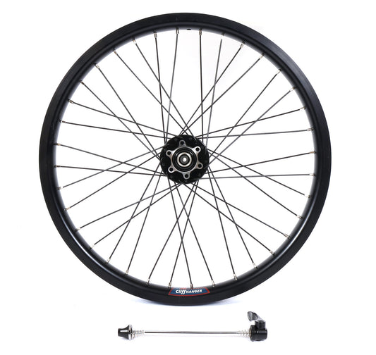 A black Velocity Cliffhanger 20-inch rear disc wheel with 36 spokes and silver nips, designed for mountain bikes.