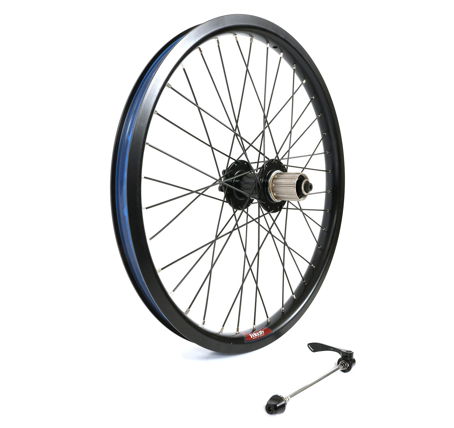 Velocity Cliffhanger 20 Inch 406mm NMSW Black 36h Black Spokes & Silver Nips Standard 135mm Rear Disc Wheel studio image side view