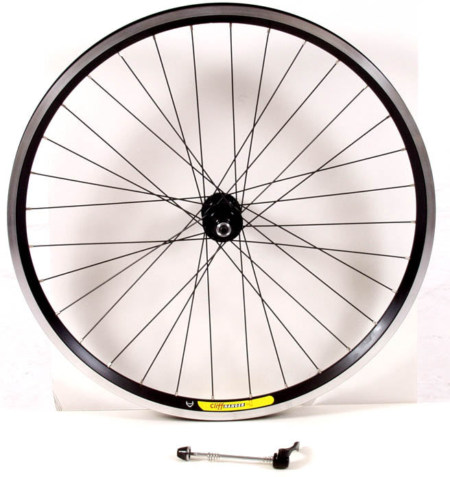 A black Velocity Cliffhanger mountain bike wheel with silver nips and a quick release skewer included.