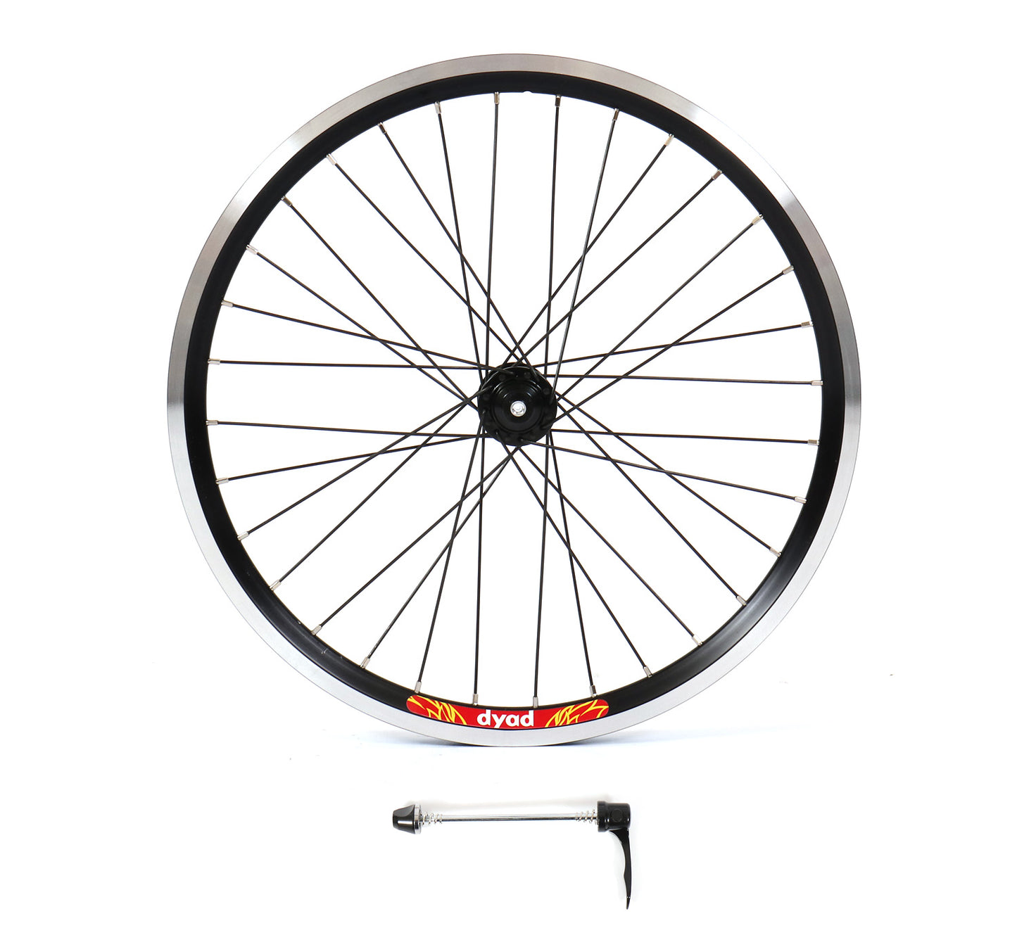 A black Velocity Dyad 20-inch bicycle wheel with silver nipples and black spokes, including a Presta valve, against a white background.