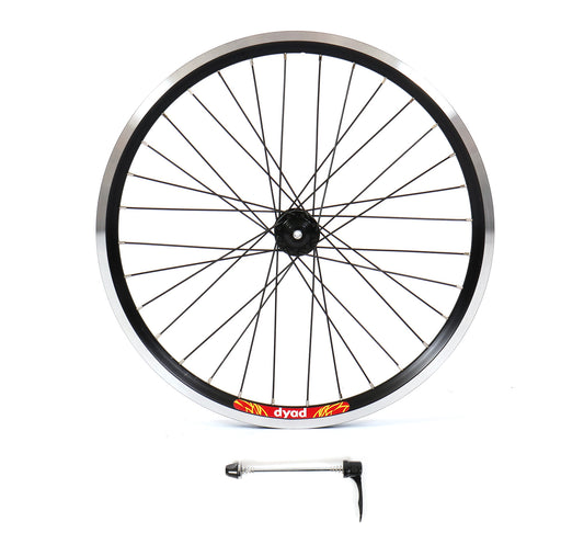 A black Velocity Dyad 20-inch bicycle wheel with silver nipples and black spokes, including a Presta valve, against a white background.