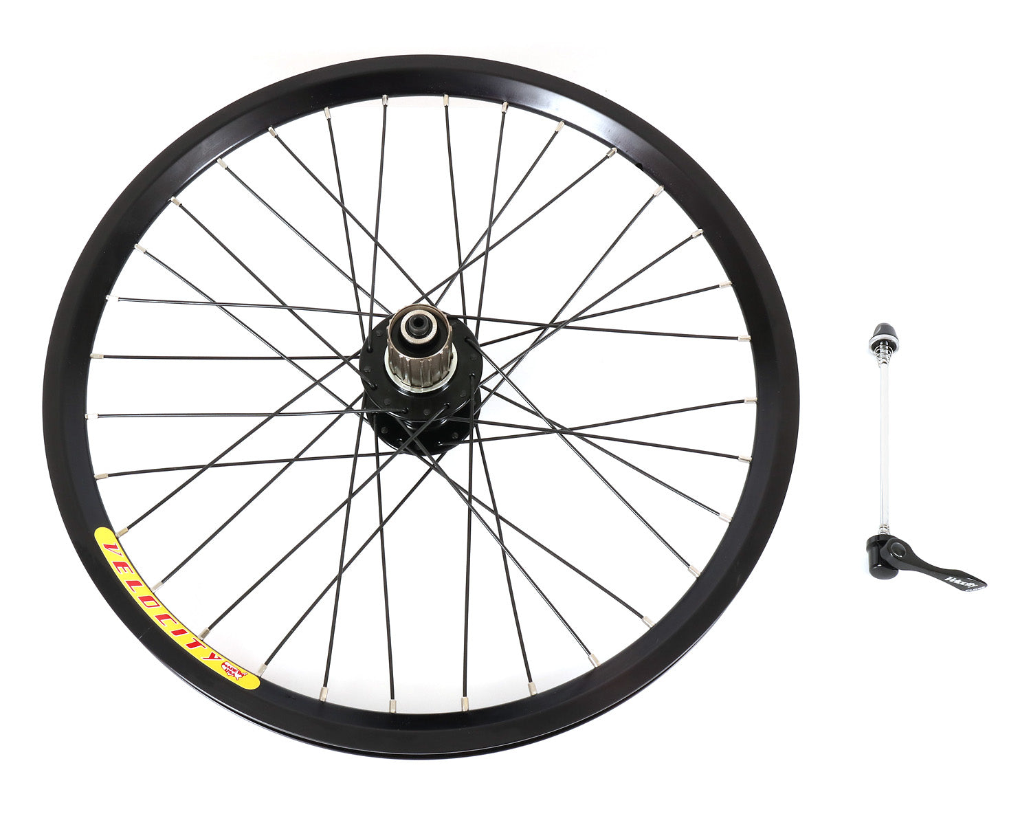 A black Velocity Dyad 20-inch bicycle wheel with silver nipples and a quick release skewer, featuring a clincher tire and a rear disc brake.