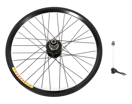 A black Velocity Dyad 20-inch bicycle wheel with silver nipples and a quick release skewer, featuring a clincher tire and a rear disc brake.