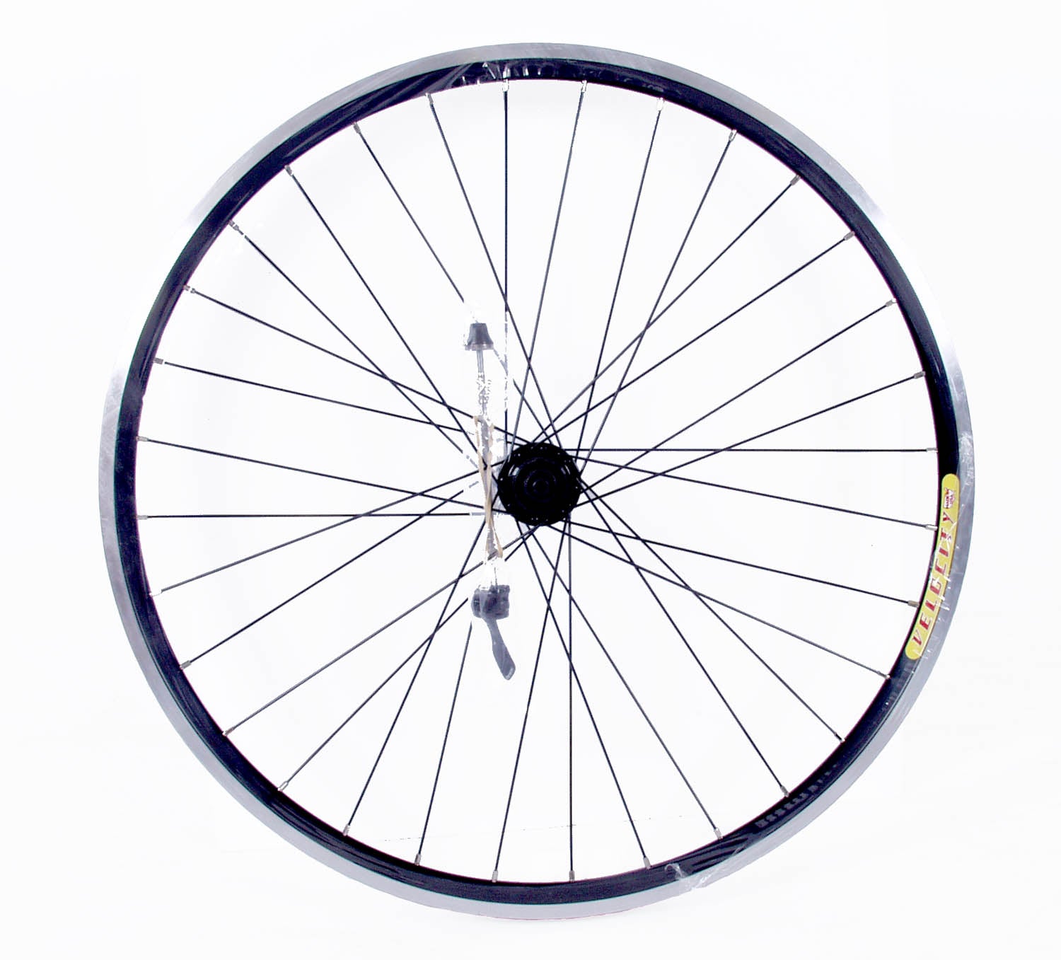 A black Velocity Dyad 26-inch bicycle wheel with silver nipples and black spokes.