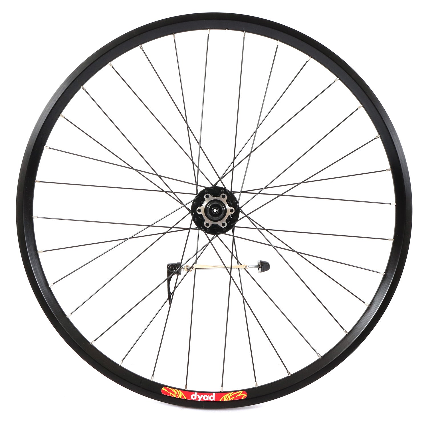 A black Velocity Dyad 26 inch front disc wheel with 32 spokes.