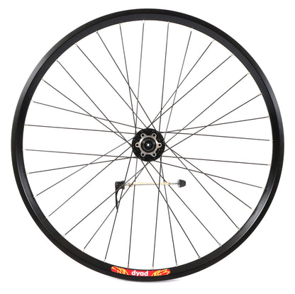A black Velocity Dyad 26 inch front disc wheel with 32 spokes.