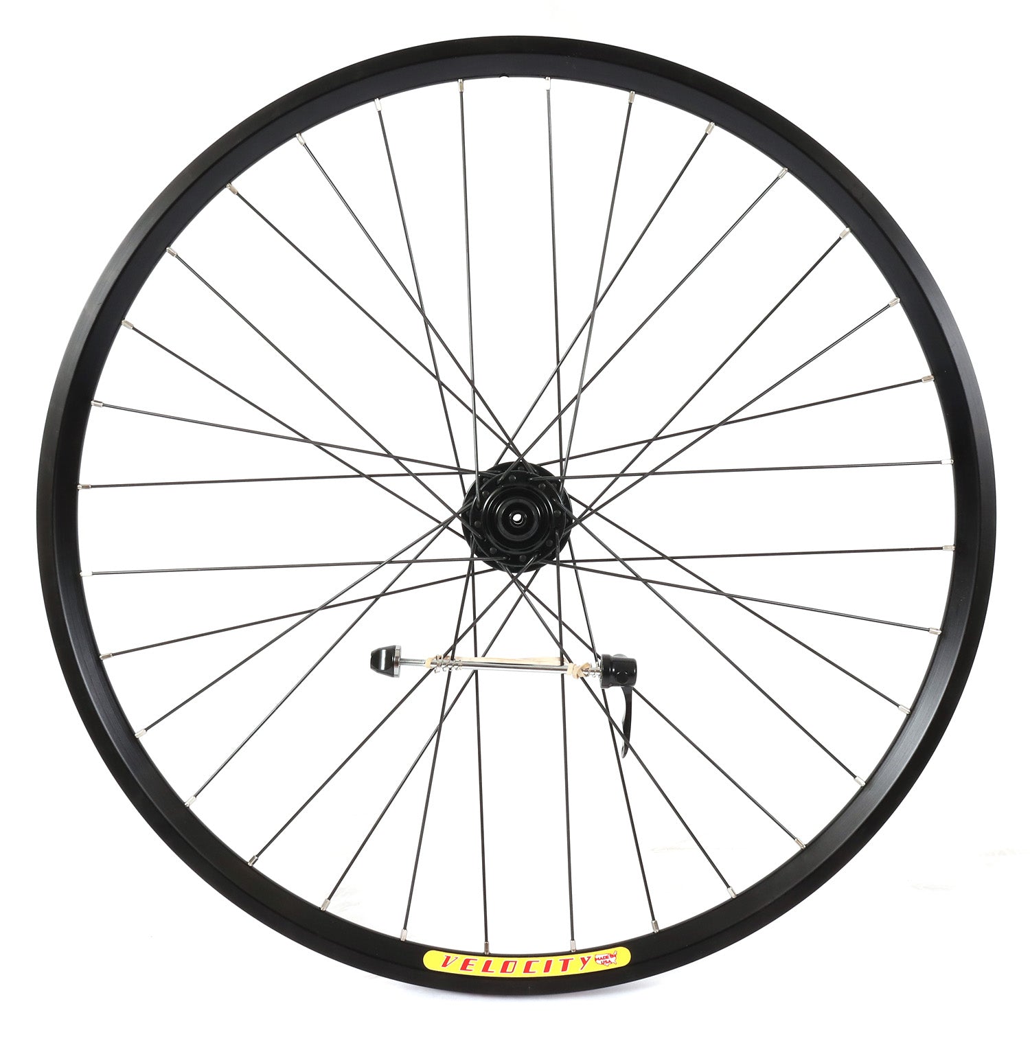 Velocity Dyad 26 Inch 559mm NMSW Black 32h Black Spokes & Silver Nips Standard 100mm Front Disc Wheel studio image front view