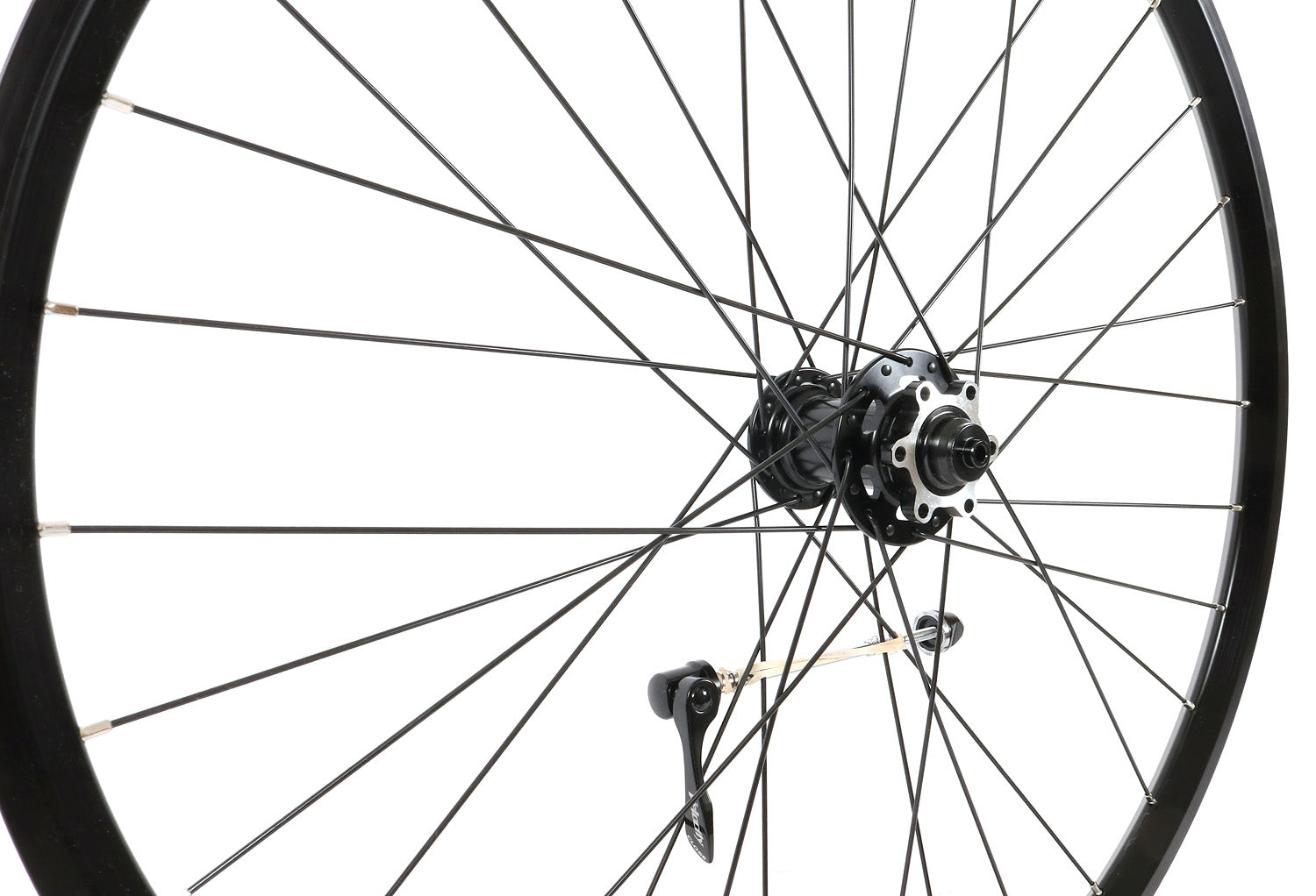 Velocity Dyad 26 Inch 559mm NMSW Black 32h Black Spokes & Silver Nips Standard 100mm Front Disc Wheel close up studio image 