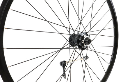 Velocity Dyad 26 Inch 559mm NMSW Black 32h Black Spokes & Silver Nips Standard 100mm Front Disc Wheel close up studio image 