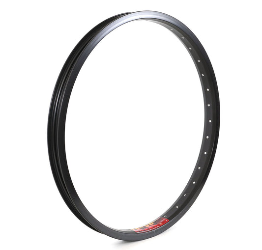 A black 20-inch Weinmann Zac30 NMSW bicycle wheel rim with 36 spoke holes and a Schrader valve.
