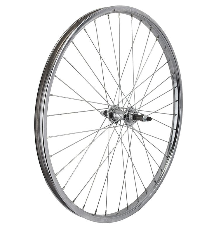 A 26 inch Wheel Master steel rear bicycle wheel with a silver spoke color and a silver hub.