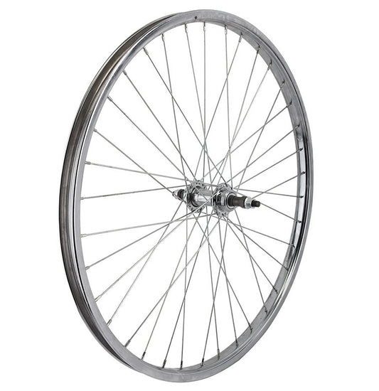A 26 inch Wheel Master steel rear bicycle wheel with a silver spoke color and a silver hub.