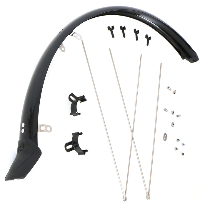 A side view of the Azub Max SKS Narrow Front Mudguard with all included parts.