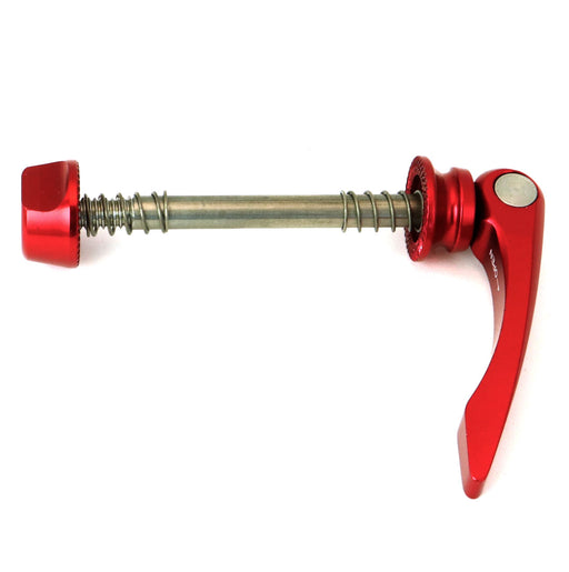 studio image of Azub quick release lever with red nut and red lever, silver axle between them and silver springs on the axle