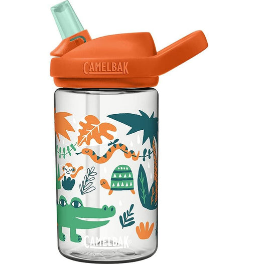 Studio image of clear Camelbak Eddy waterbottle with an orange cap, and cartoon images of jungle scene of crocodile, monkey, snake, turtle and plants in orange white, dark green and light green.