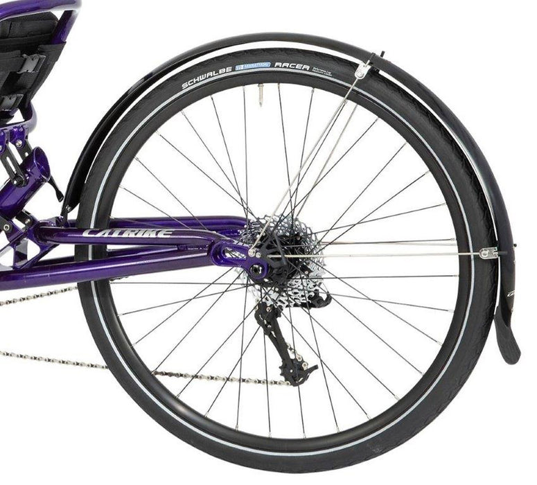 Catrike dumont rear fender mounted on a purple Catrike Dumont. Studio image.