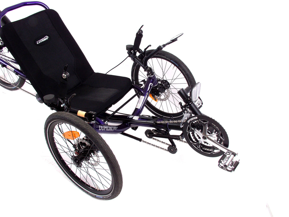 Catrike Dumont recumbent trike in Candy Purple front half view of boom, front two wheels and seat.