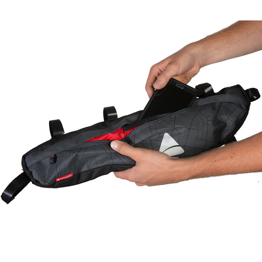 Axiom Top Tube Bag Seymour O-Weave Framepack P3.5 Gray/Black slim bicycle frame bag with phone pocket inside