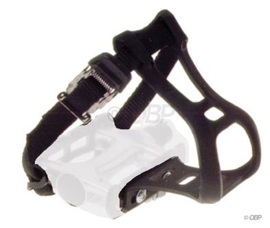 Dimension Toe Clip And Strap Set on a white background, showing the clip on a pedal which is faded to show the clip more.