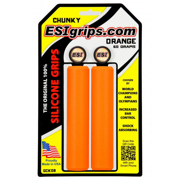 Orange ESI chunky silicone grips in their yellow, black, and white packaging displaying Proudly made in USA logo in bottom left corner