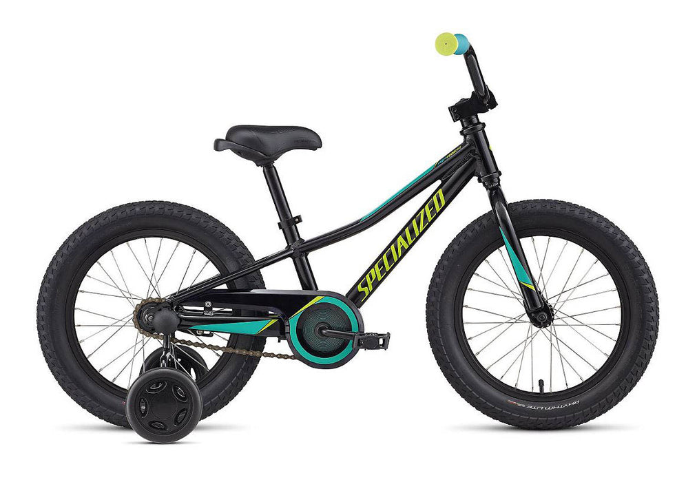 Specialized Riprock Kids Coaster Brake Bike with 16" wheels in black with lime green and teal accents.