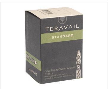 front view of a gray and green Teravail presta valve tube box