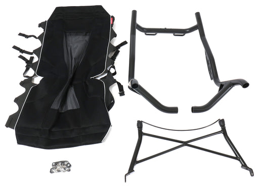 studio image of the parts of a Hase Kettwiesel XXl complete seat.  The black seat mesh is laid out to the lef tof the seat black seat frame and seat stays.  